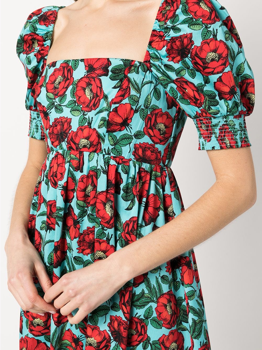 Alice + Olivia Red Floral Puff-Sleeve Mini Dress On Aqua/Red